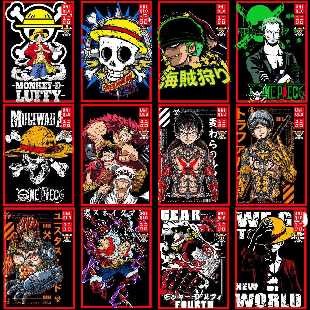 One Piece anime character designs for DTF/DTG printing, featuring Luffy, Zoro, and Gear Fourth
