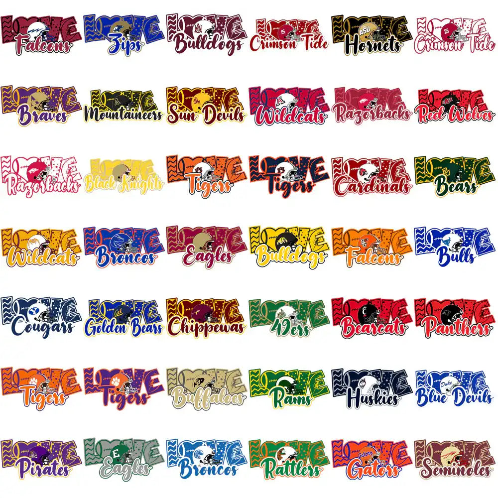 Love-themed college football team designs for DTF, DTG, embroidery, and tumbler wraps — print-ready PNG, SVG, PES