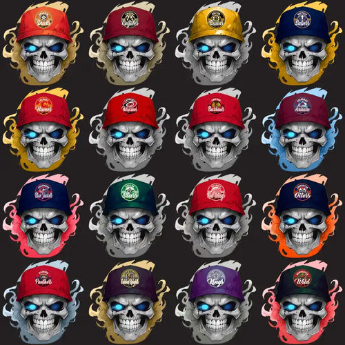Skull designs with glowing eyes wearing colorful caps, ideal for DTF/DTG and embroidery projects.