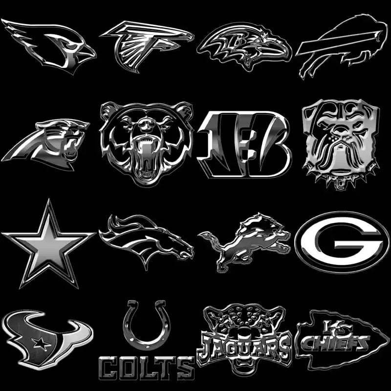 NFL team logos in metallic style for DTF/DTG and embroidery designs