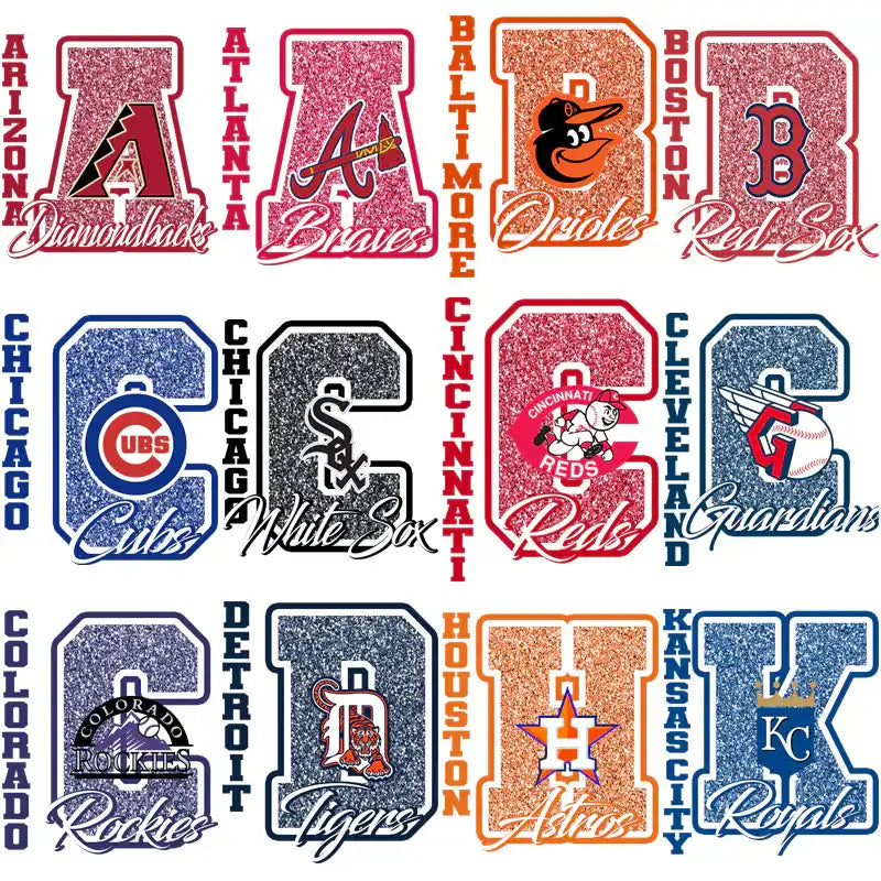 Glitter MLB team logos for DTF/DTG printing: Diamondbacks, Braves, Orioles, Red Sox, Cubs, White Sox, Reds, Guardians, Rockies, Tigers, Astros, Royals