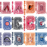 Load image into Gallery viewer, 30 Baseball Teams Glitter Letter Designs Bundle PNG
