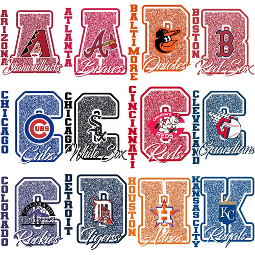 Glitter MLB team logos for DTF/DTG printing: Diamondbacks, Braves, Orioles, Red Sox, Cubs, White Sox, Reds, Guardians, Rockies, Tigers, Astros, Royals