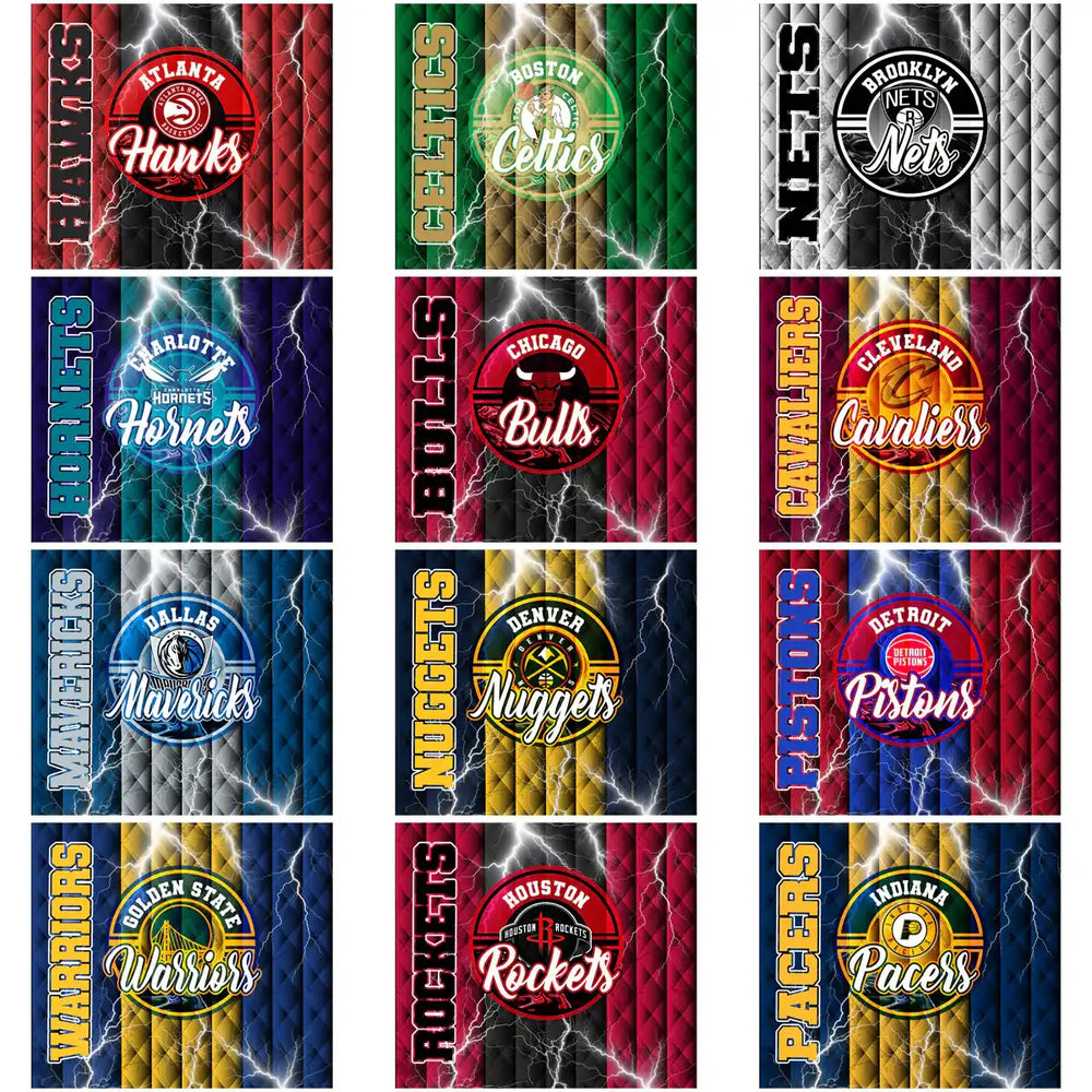 NBA team logos with lightning effects on quilted backgrounds for DTF/DTG designs