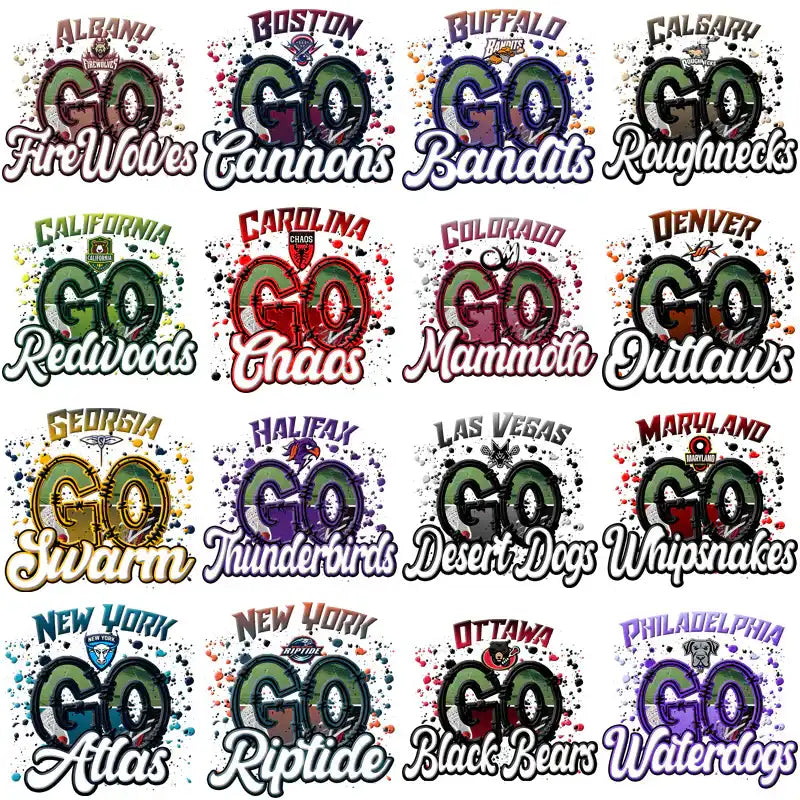 Collection of vibrant sports team logos with 'GO' designs for DTF/DTG printing, featuring unique mascots and splatter effects.