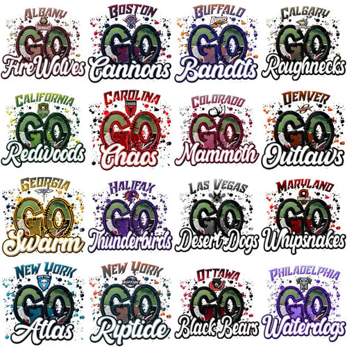 Collection of vibrant sports team logos with 'GO' designs for DTF/DTG printing, featuring unique mascots and splatter effects.