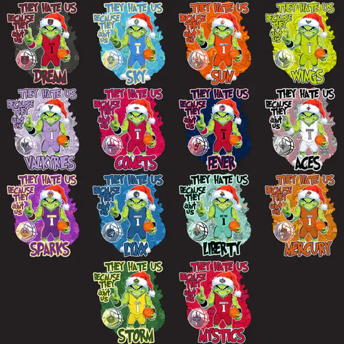 Grinch-themed WNBA team designs for DTF/DTG, embroidery, and tumbler wraps, featuring festive holiday graphics.