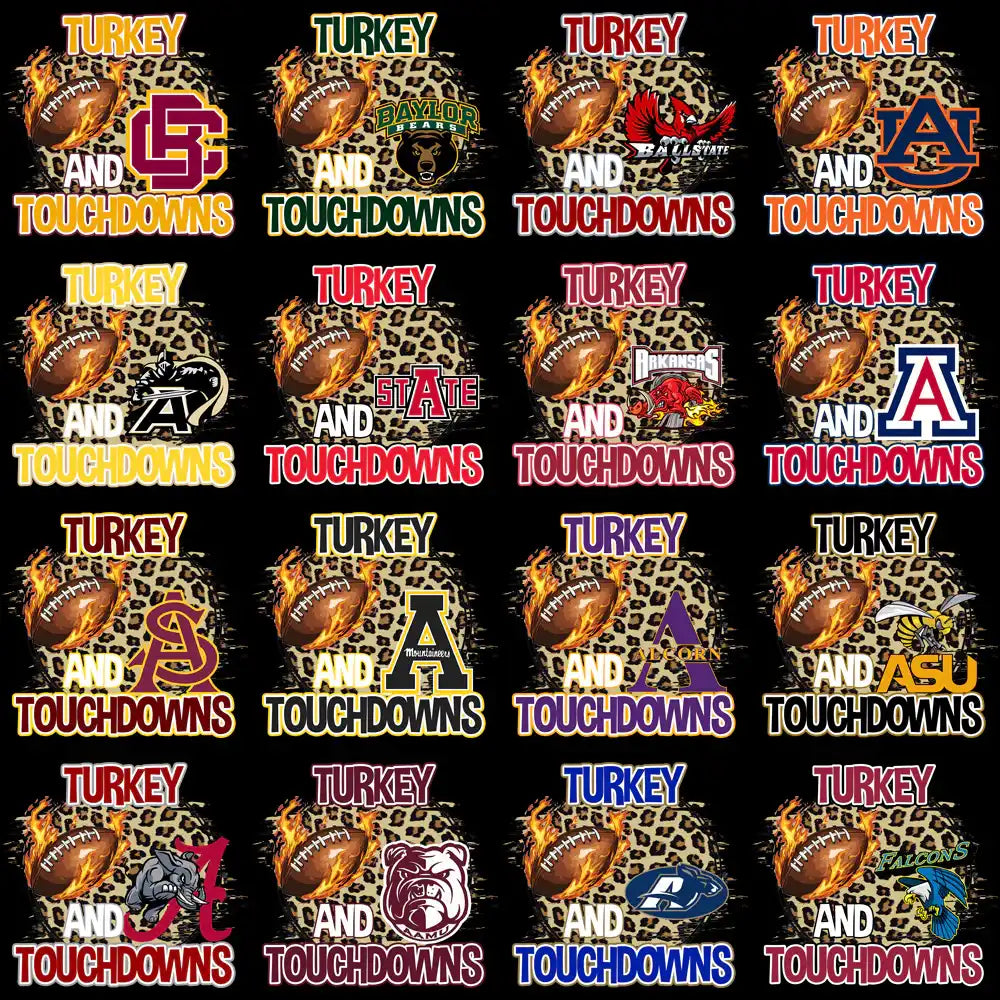 Turkey and Touchdowns football designs with team logos, flaming footballs, leopard print backgrounds for DTF DTG printing