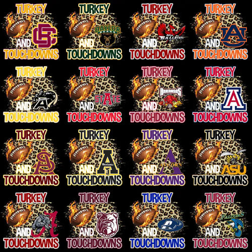 Turkey and Touchdowns football designs with team logos, flaming footballs, leopard print backgrounds for DTF DTG printing