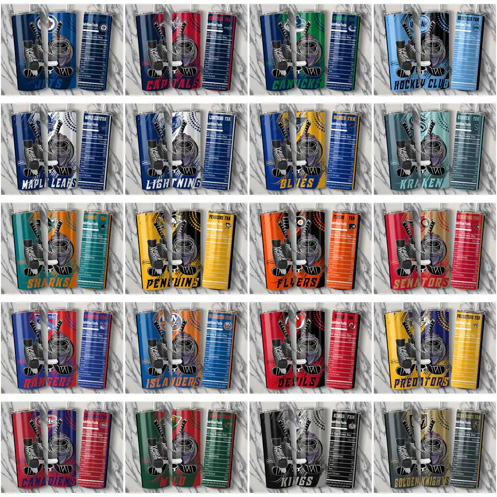 Hockey-themed tumbler wraps with team logos, skates, and helmets for DTF/DTG printing