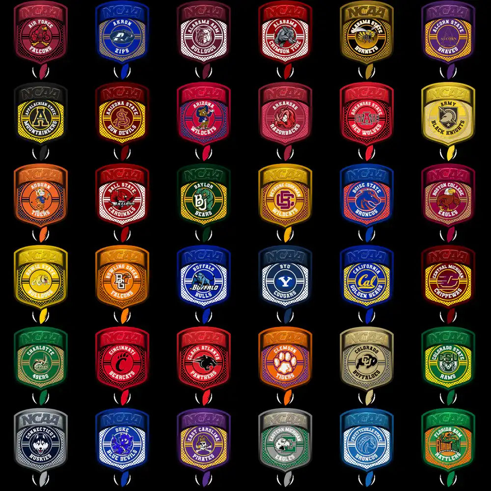 NCAA college sports team logos in colorful shield designs for DTF, DTG, and embroidery projects.