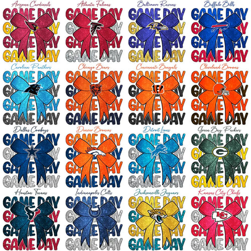 NFL Game Day bow designs for DTF/DTG, embroidery & tumbler wraps – print-ready PNG, SVG, PES