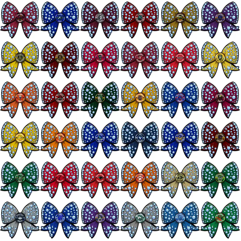 Colorful rhinestone bow designs with team logos, perfect for DTF, DTG, and embroidery projects.