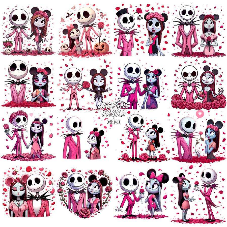 Jack Skellington and Sally in romantic pink outfits with roses, perfect for DTF/DTG designs.