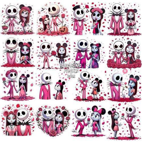 Jack Skellington and Sally in romantic pink outfits with roses, perfect for DTF/DTG designs.