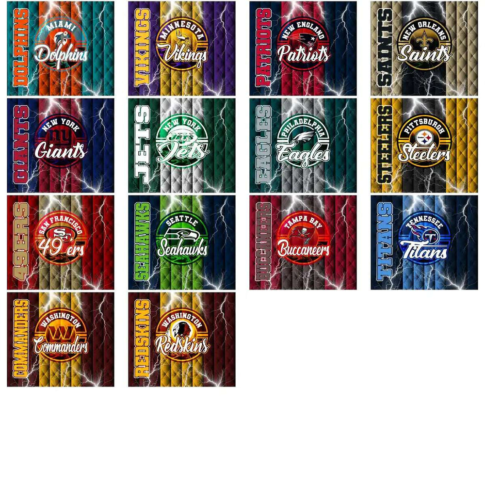 NFL team logos with lightning effects on quilted backgrounds, print-ready for DTF, DTG, embroidery