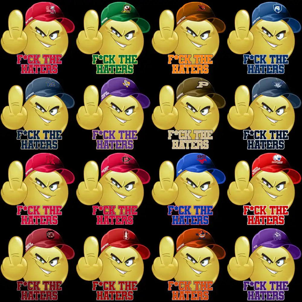 F*ck The Haters emoji designs with college hats, print-ready for DTF, DTG, embroidery, tumbler wraps