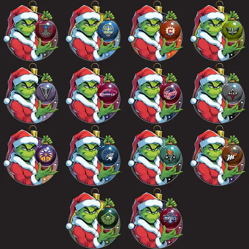 Grinch in Santa hat holding NBA team logo ornaments, print-ready DTF/DTG designs
