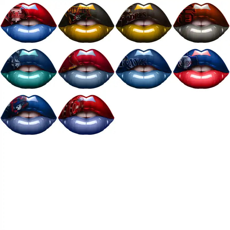 Vibrant MLB team-themed lip designs for DTF/DTG printing, featuring Phillies, Pirates, Padres, and more.