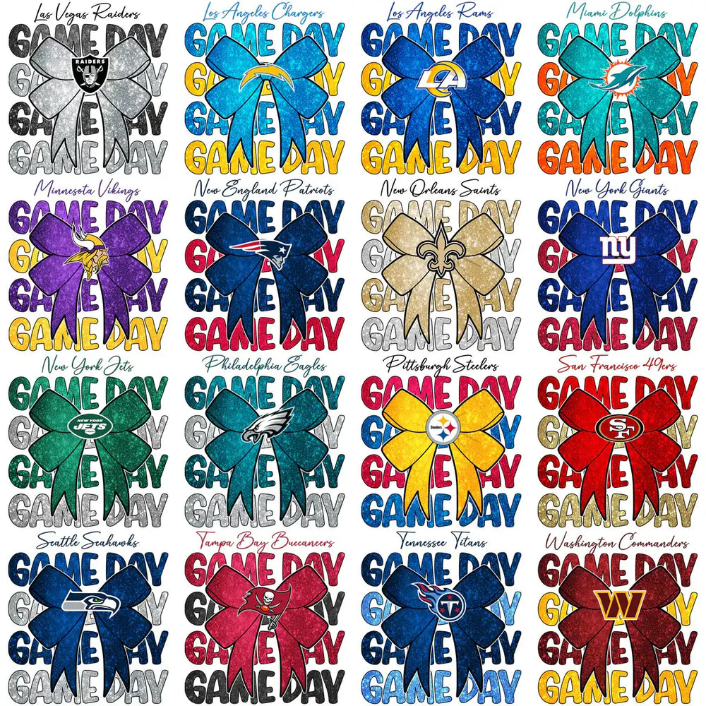 NFL Game Day bow designs for DTF/DTG, embroidery, and tumbler wraps with team logos and glitter effects.