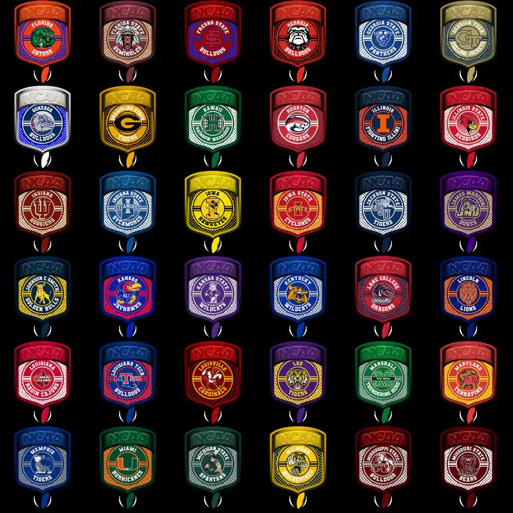 NCAA college team logos in vibrant shield designs for DTF, DTG, embroidery, and tumbler wraps
