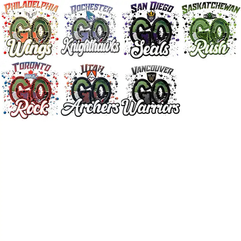Sports team designs for DTF/DTG printing, featuring vibrant 'Go' slogans and city names.