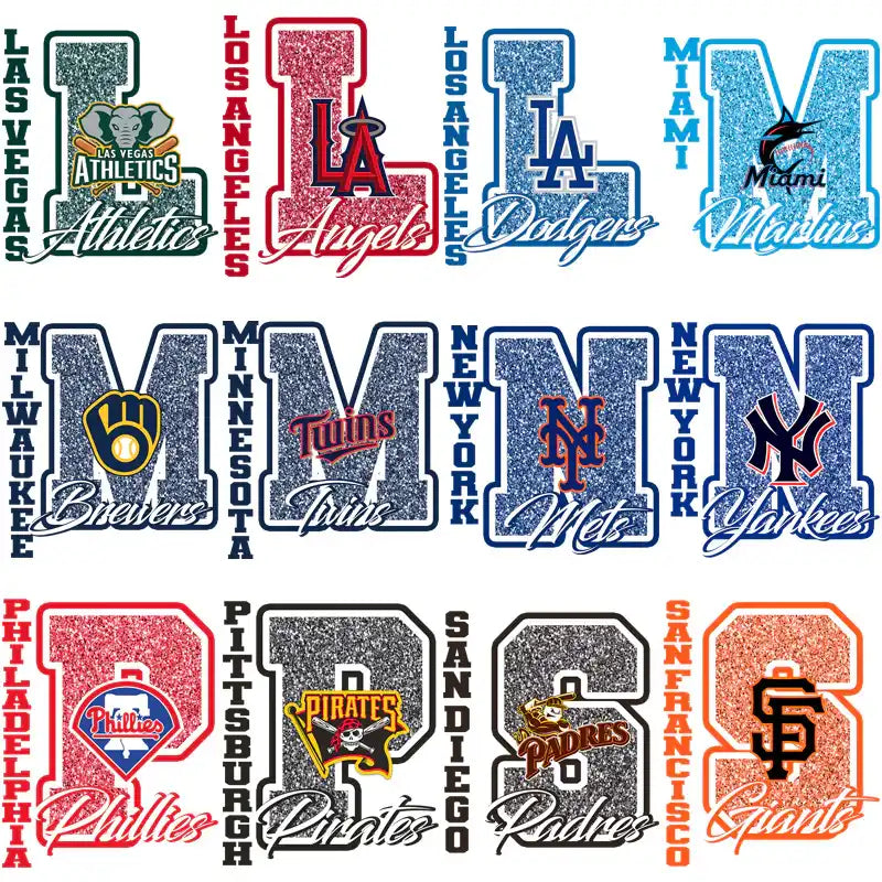 MLB team logos in glittery letter designs for DTF, DTG, embroidery – print-ready sports graphics