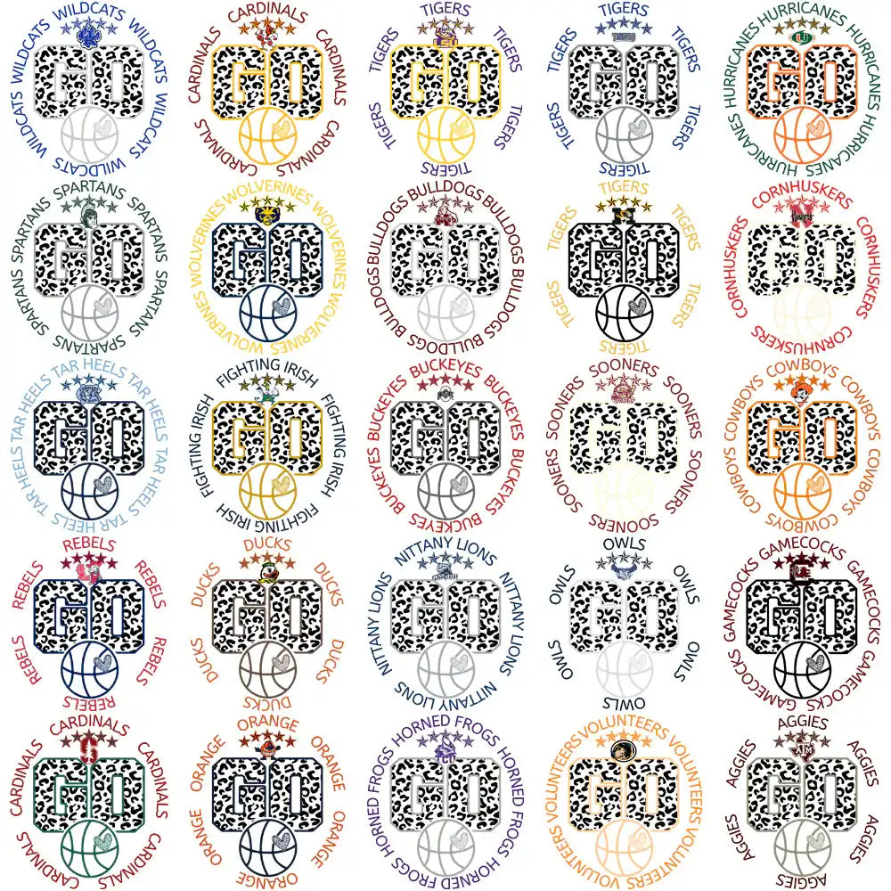 Basketball team designs with 'GO' text, leopard print, and team names for DTF/DTG printing