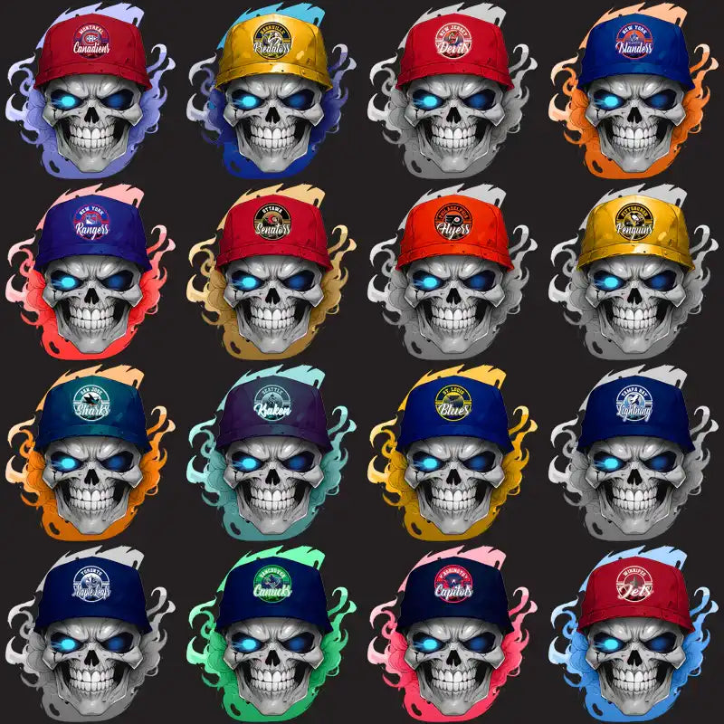 Skull wearing NHL team caps with glowing eyes, colorful smoke effects, print-ready design bundle