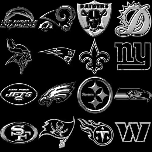 NFL team logos in metallic style for DTF/DTG designs, embroidery, and tumbler wraps