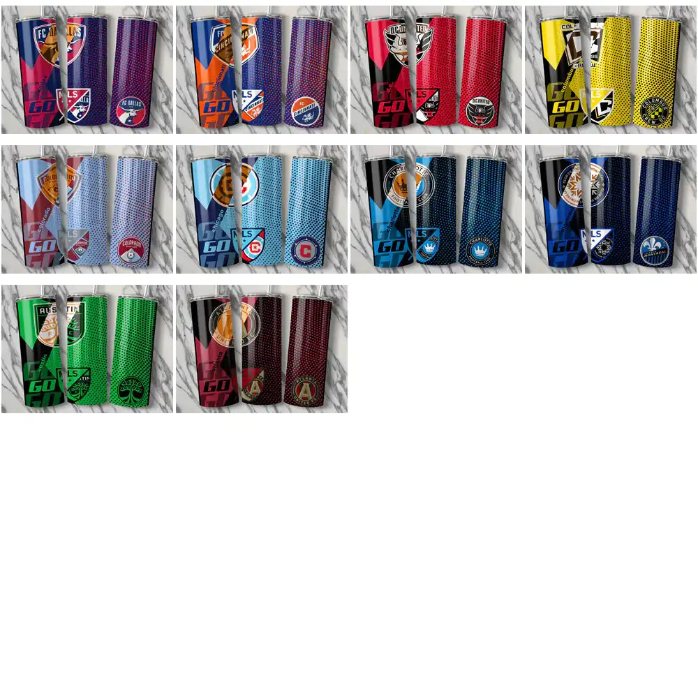 Colorful MLS team tumbler wraps with vibrant designs and logos for print-ready customization.