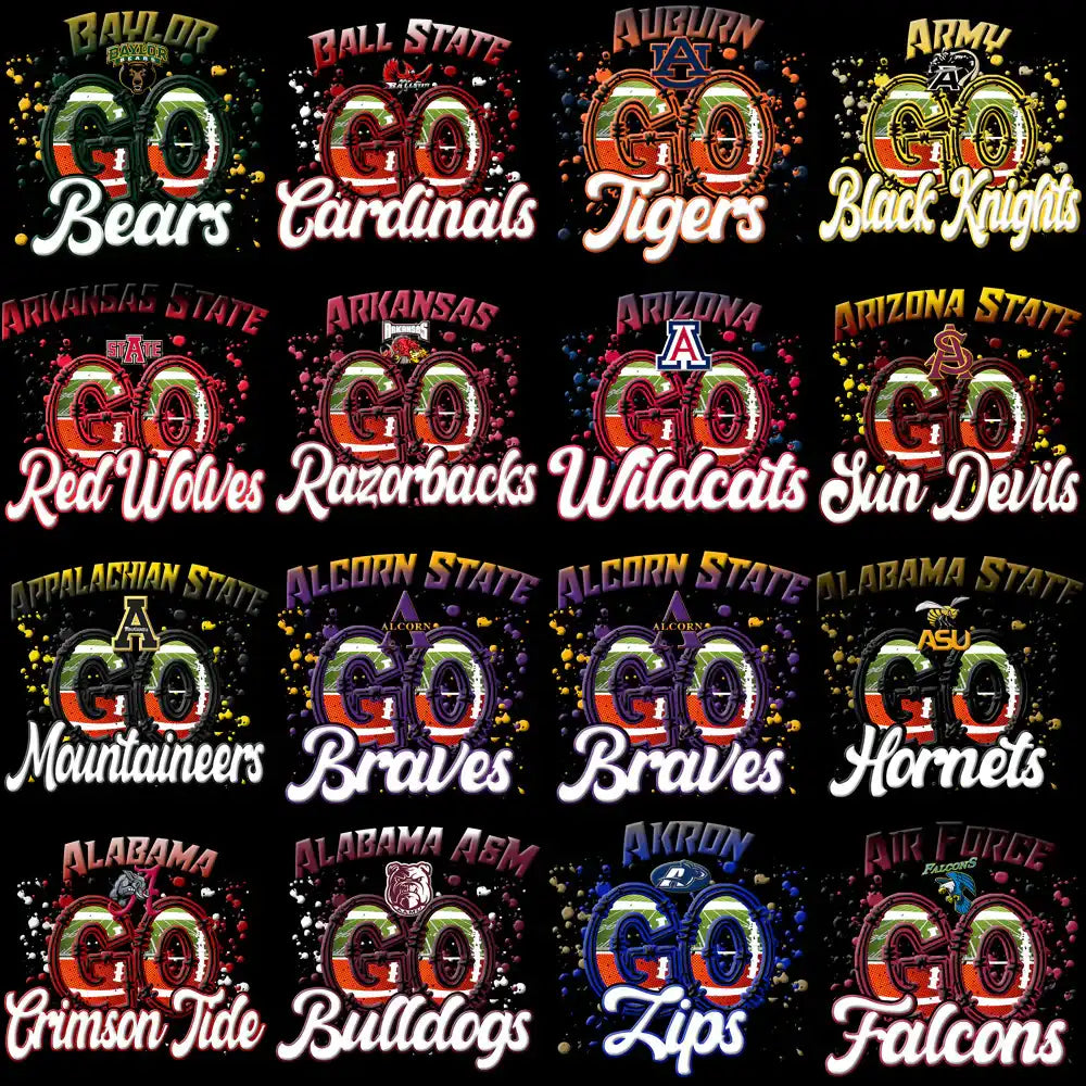 College sports team designs for DTF, DTG, embroidery — Go Bears, Cardinals, Tigers, Black Knights, and more