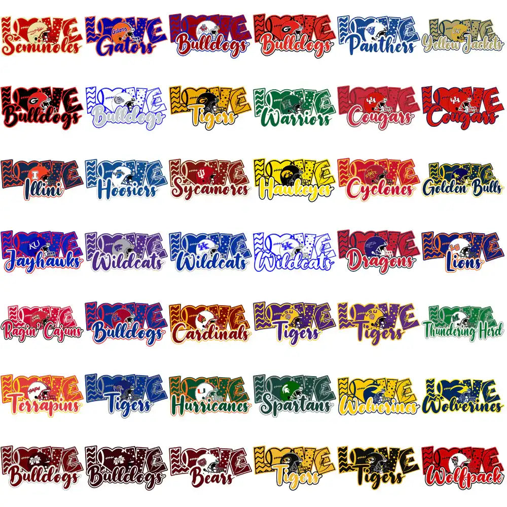College football team 'I Love' designs for DTF, DTG, embroidery, tumbler wraps – print-ready PNG, SVG, PES