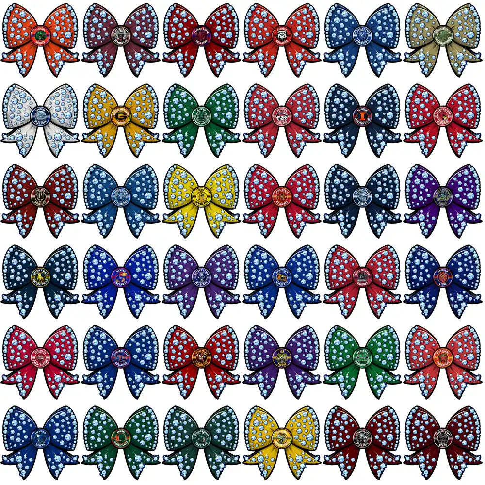 Sparkly bow designs with team logos, perfect for DTF, DTG, embroidery, and tumbler wraps. Print-ready PNG, SVG, PES.