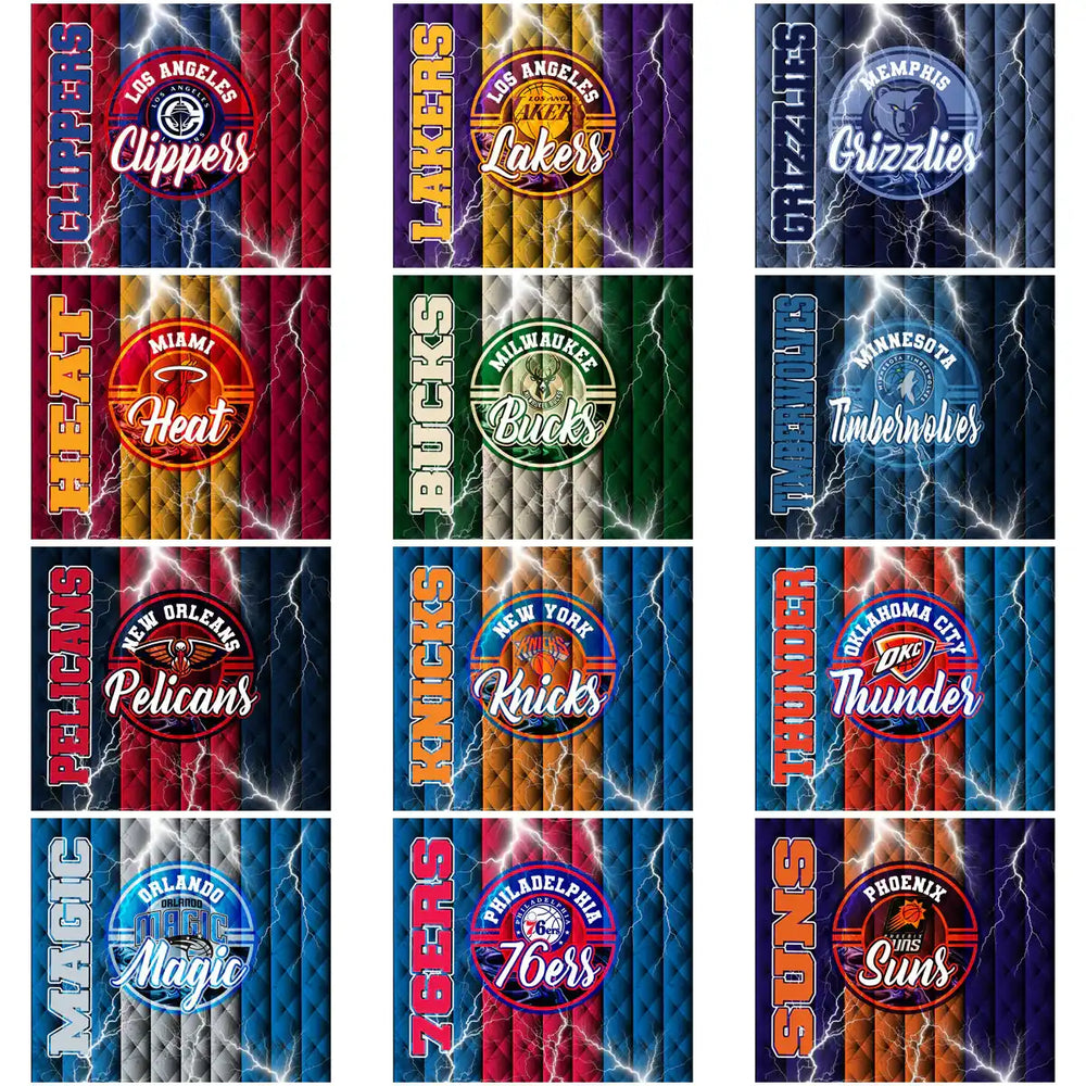 NBA team logos with lightning effects on quilted backgrounds for DTF/DTG designs