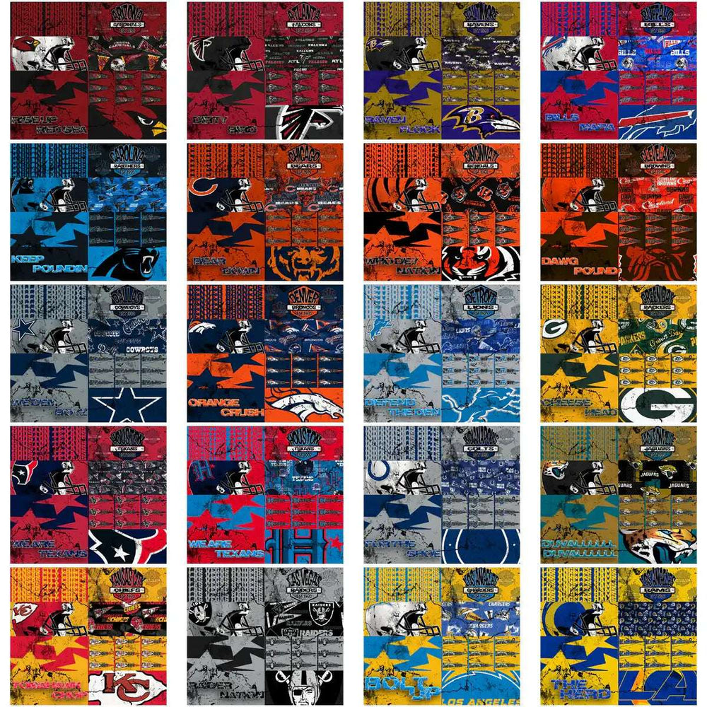 NFL team designs for DTF/DTG and embroidery, featuring vibrant logos and print-ready patterns.
