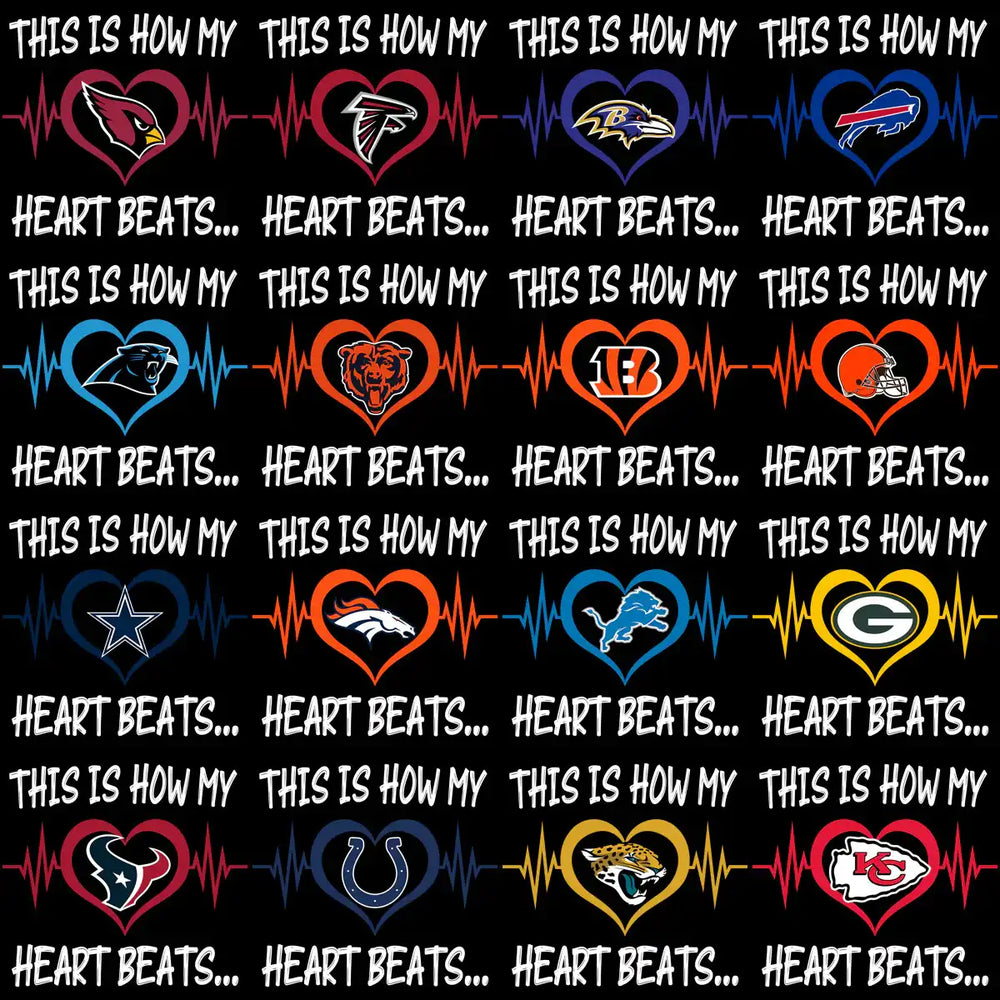 NFL team logos in heartbeat designs for DTF, DTG, embroidery, SVG, PNG print-ready files