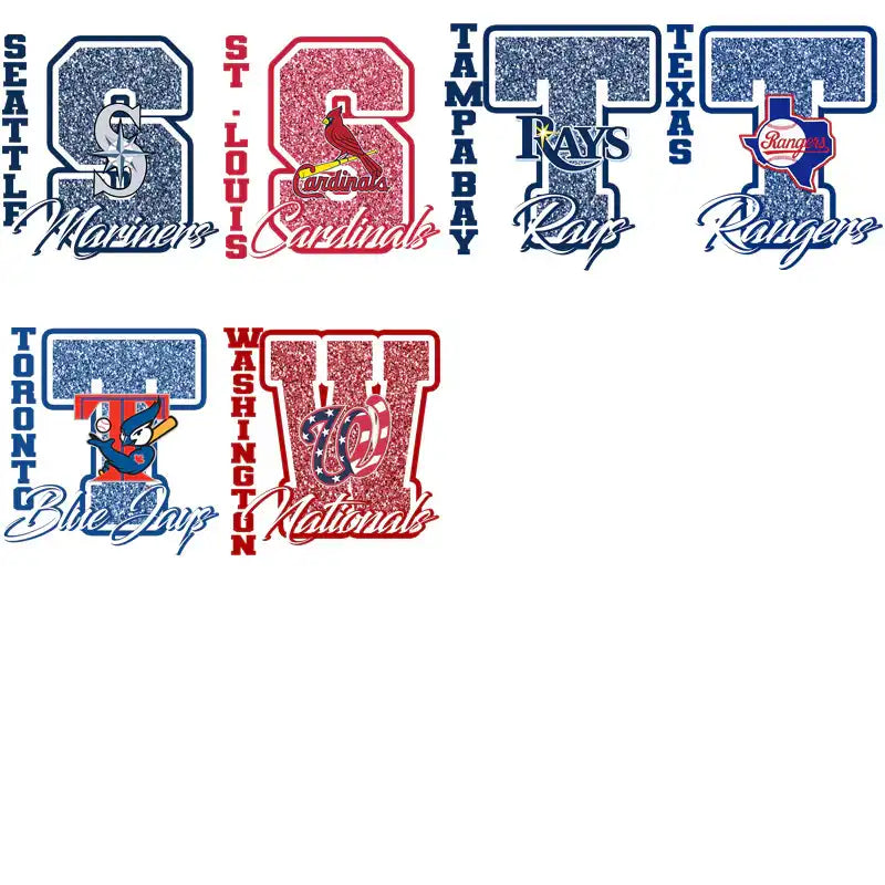 Baseball team logos with glitter effects: Mariners, Cardinals, Rays, Rangers, Blue Jays, Nationals