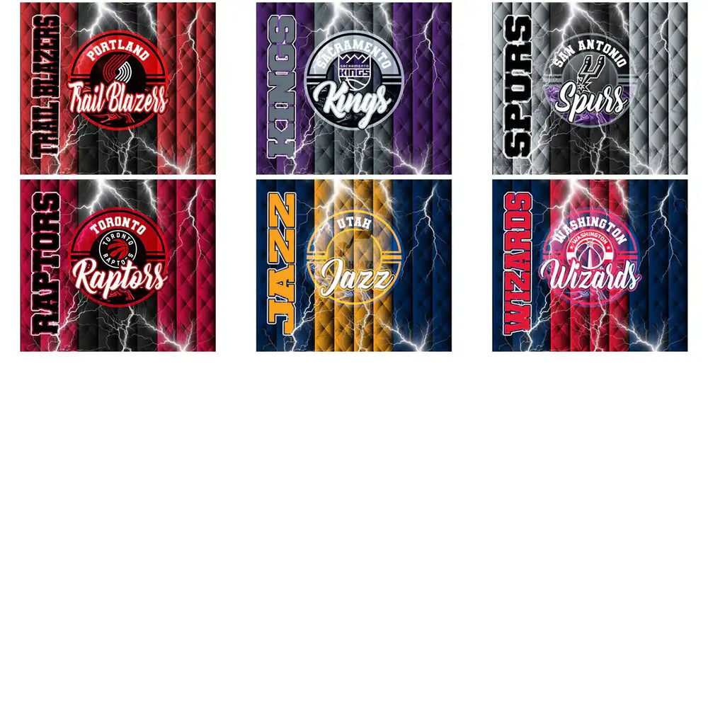 NBA team logos with lightning effects: Trail Blazers, Kings, Spurs, Raptors, Jazz, Wizards for DTF DTG designs