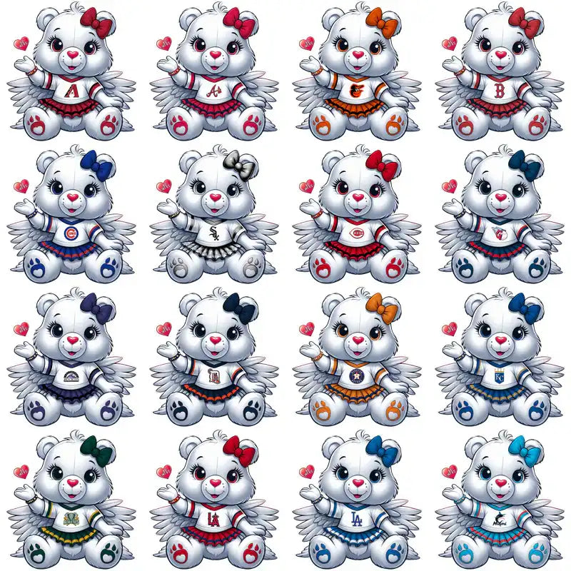 Cute angel bears in sports jerseys with bows and hearts, perfect for DTF/DTG and embroidery designs.