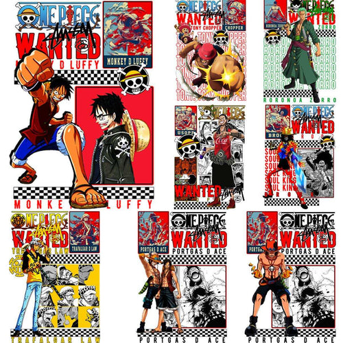 One Piece anime character designs for DTF/DTG printing, featuring Luffy, Zoro, Ace, Law, and Chopper in wanted poster style.