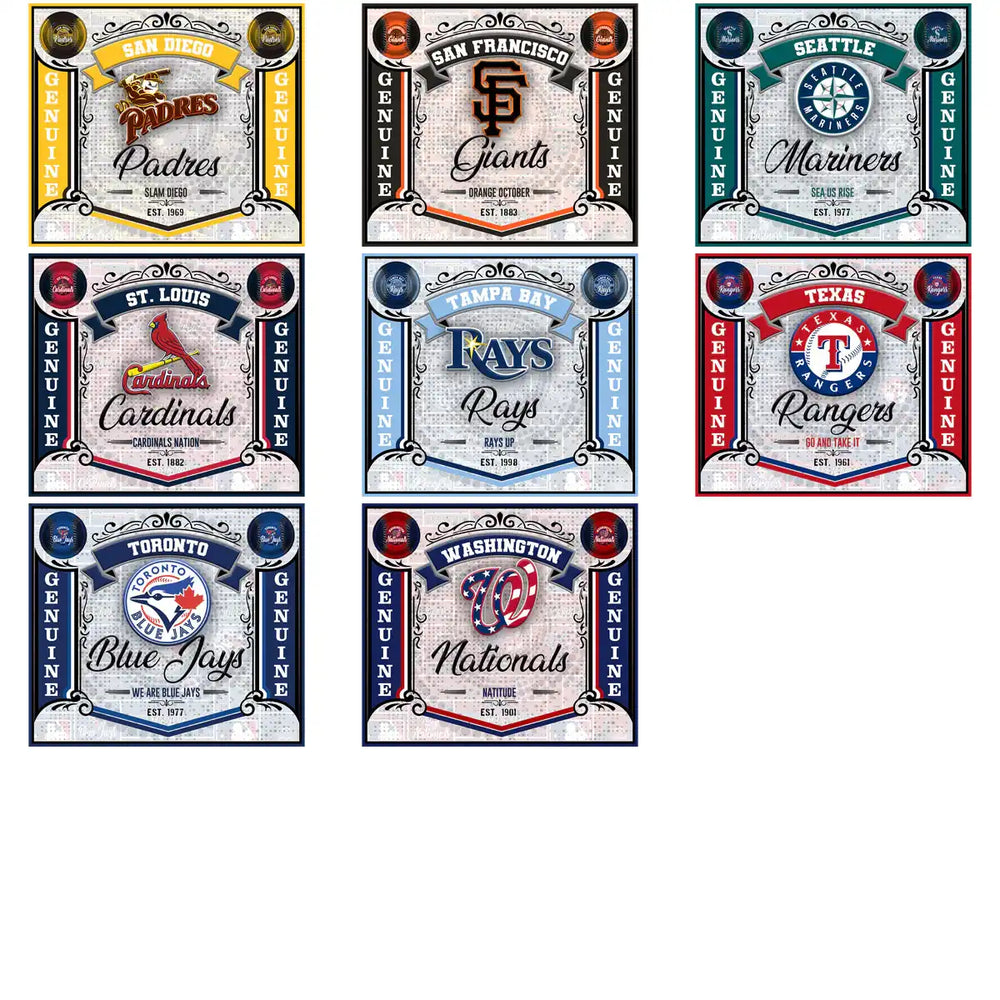 Baseball team logos: Padres, Giants, Mariners, Cardinals, Rays, Rangers, Blue Jays, Nationals