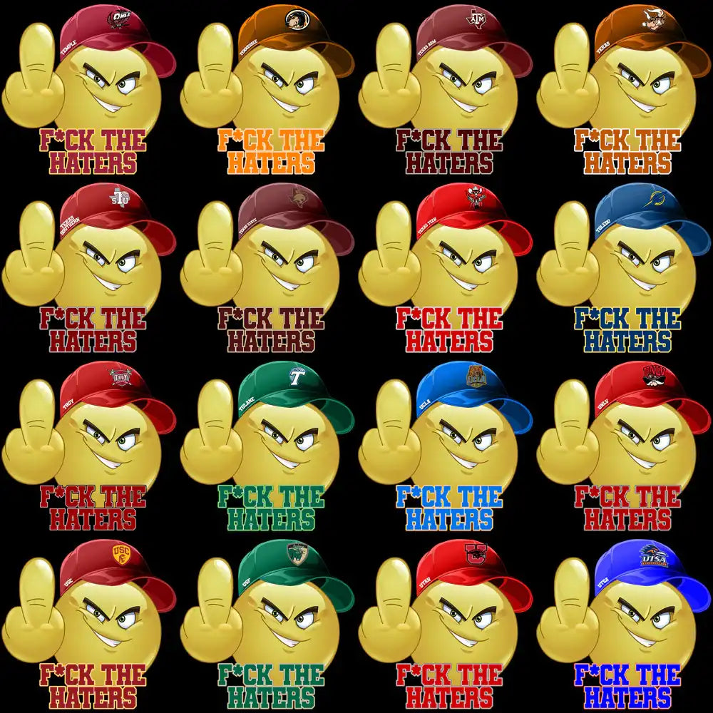 F*ck The Haters emoji designs with college hats, print-ready for DTF, DTG, embroidery, tumbler wraps