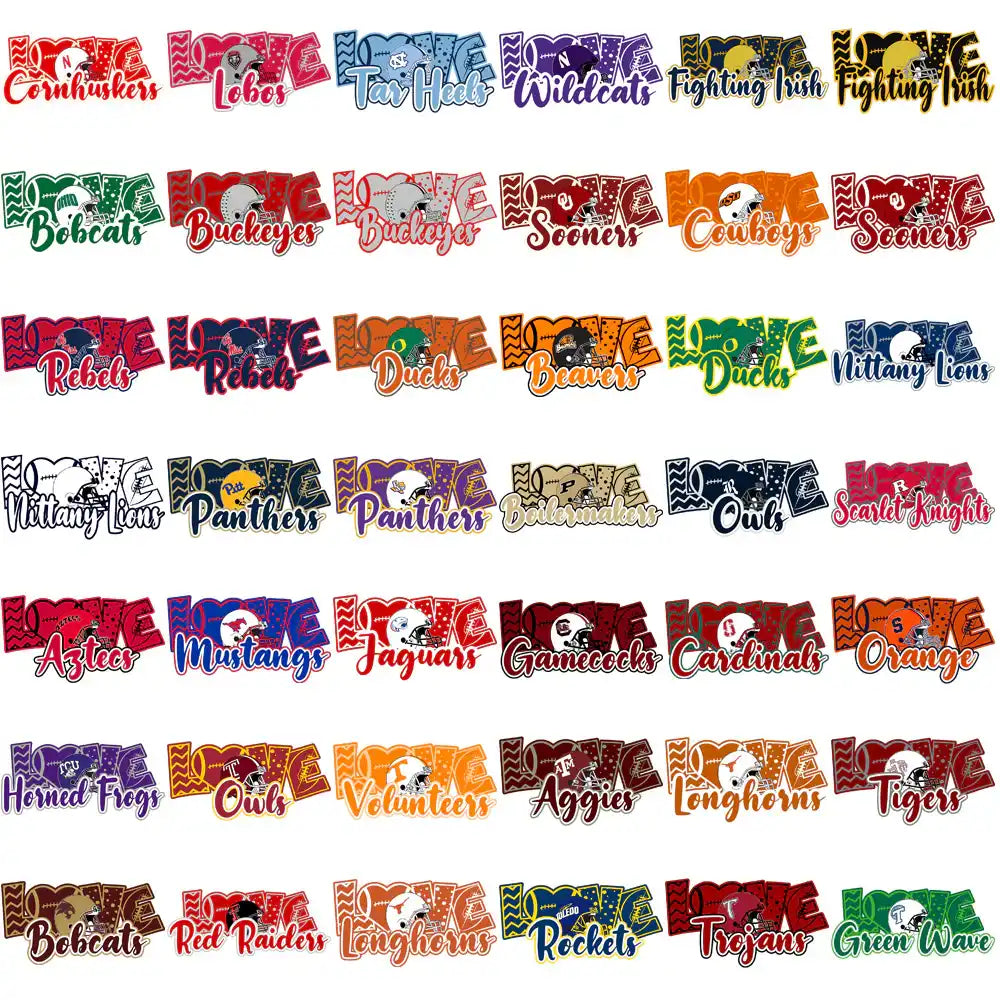 College sports team logos with 'LOVE' designs for DTF/DTG and embroidery projects