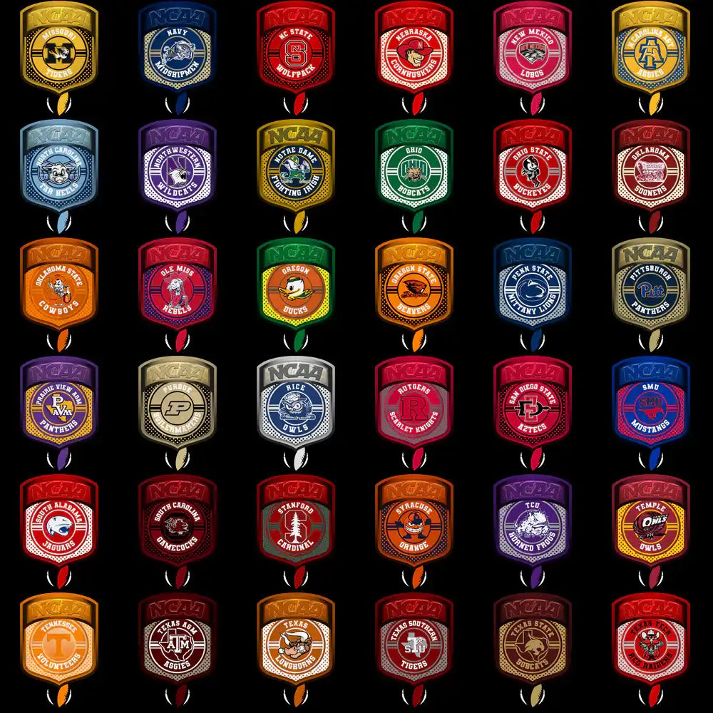 NCAA college team logos in vibrant colors, perfect for DTF/DTG and embroidery designs.