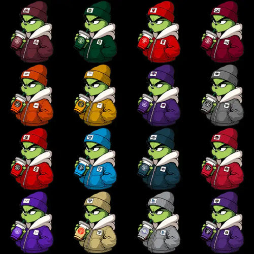 Grinch in colorful hoodies and beanies holding coffee cups, print-ready design bundle