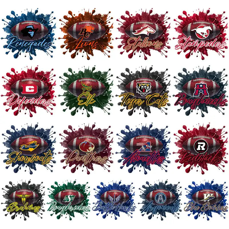 Football team logos with paint splashes, ideal for DTF/DTG and embroidery designs.