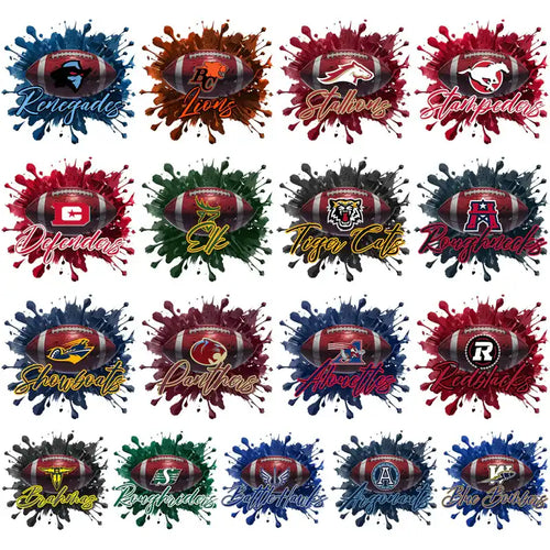 Football team logos with paint splashes, ideal for DTF/DTG and embroidery designs.