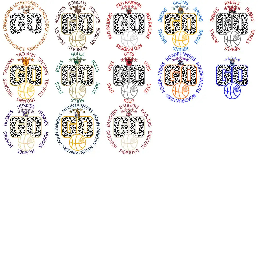 GO basketball team spirit designs with leopard print, team names, and logos for DTF, DTG, embroidery