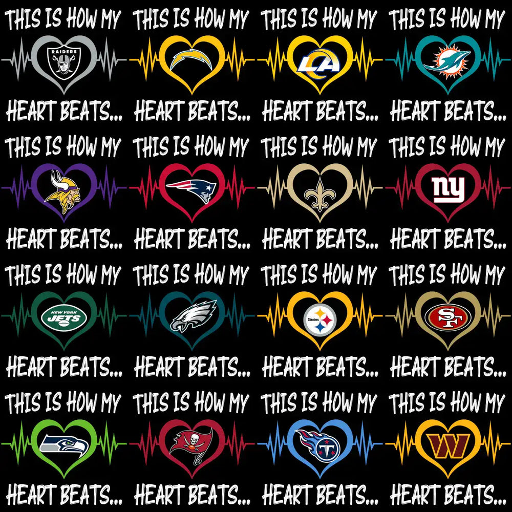 NFL team logos in heartbeats design for DTF/DTG and embroidery, print-ready PNG/SVG files